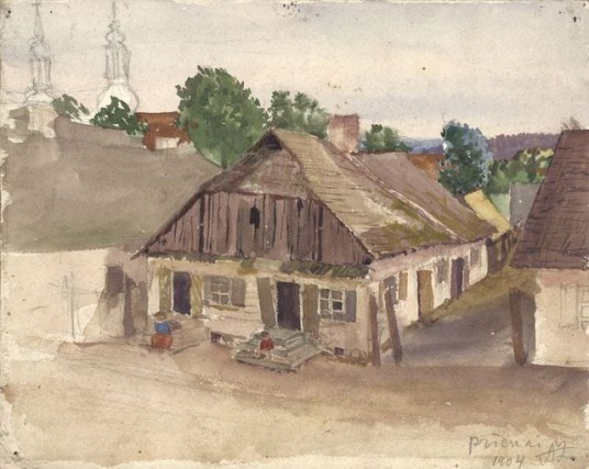 Antano Žmuidzinavičiaus akvarelė su 1904 metų Prienų vaizdu.