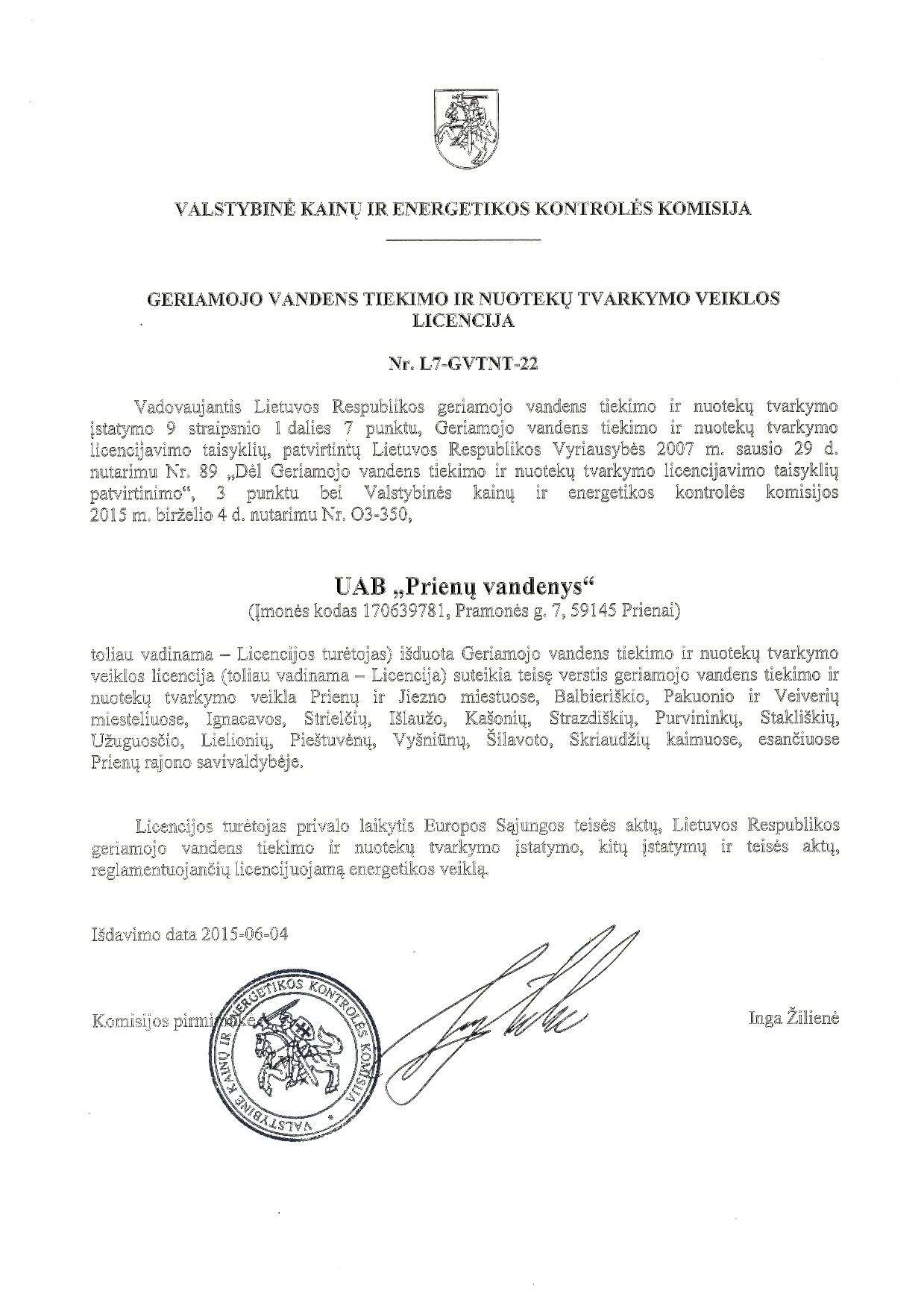 Bendrovės „Prienų vandenys” veikla jau licencijuota